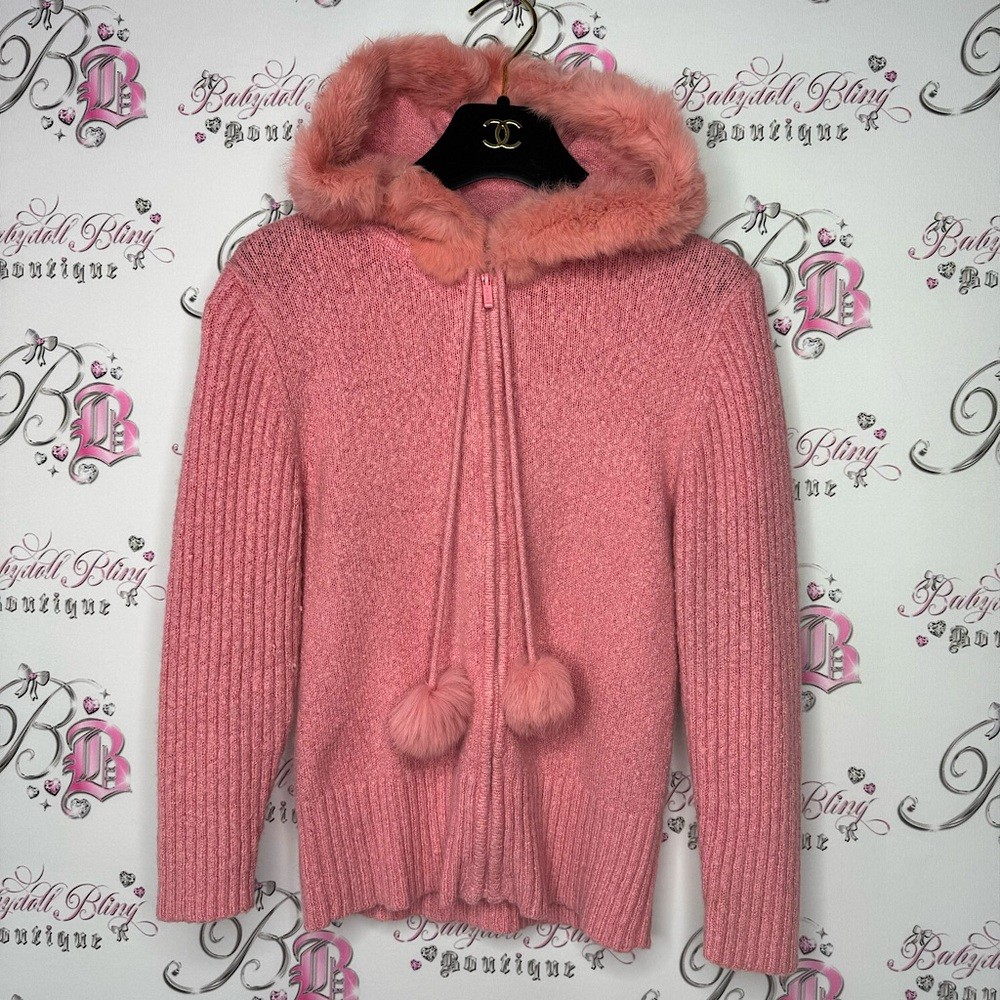 Bebe Pom Pom Angora Rabbit Fur Trim Hood Zip Up Sweater Hoodie Pink Coral Y2k